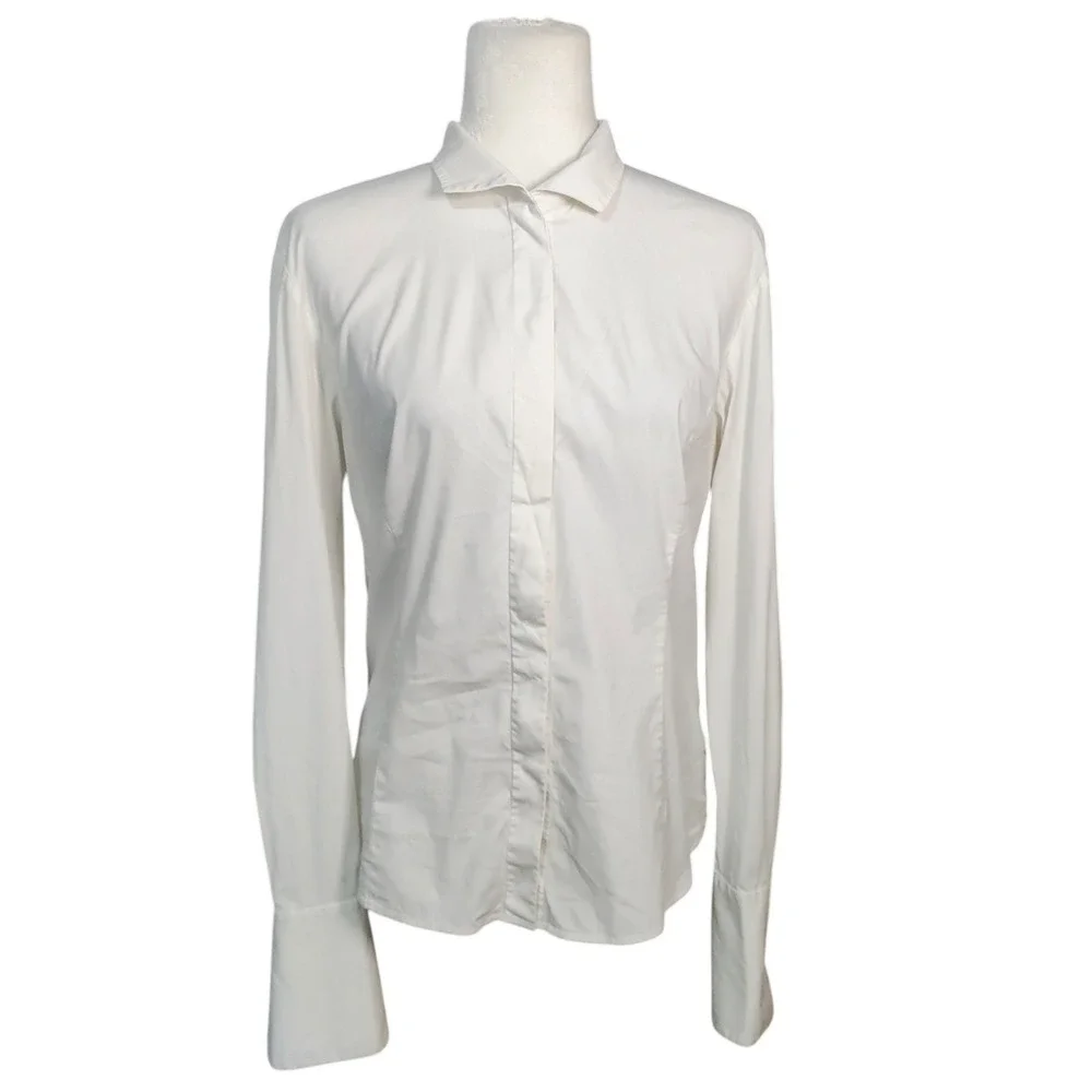Lafayette 148 New York White Stretch Cotton Button Down Shirt French Cuffs 10 - Picture 4 of 11